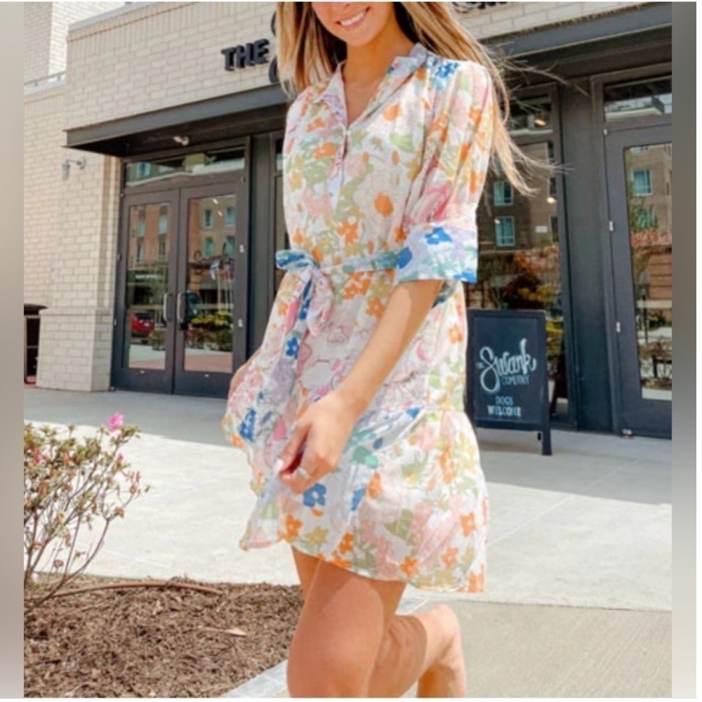 Arthur Jane Claire Floral Patchwork‎ Mini Dress Multi Color 3/4 Sleeve Medium